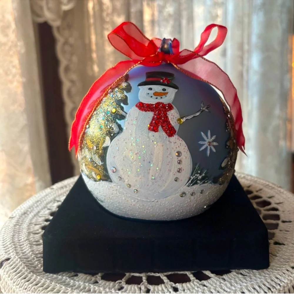 Hand Painted Glass Ornament Vintage Christmas Snowman Large Jumbo Tree Decor